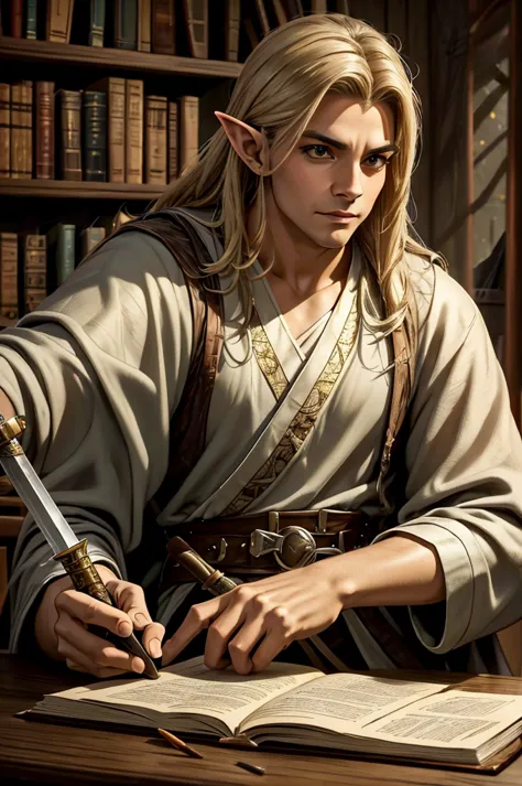 with a sword on the table in front of him a 40-year-old male elf is sitting behind a table filled with papers and open books the...