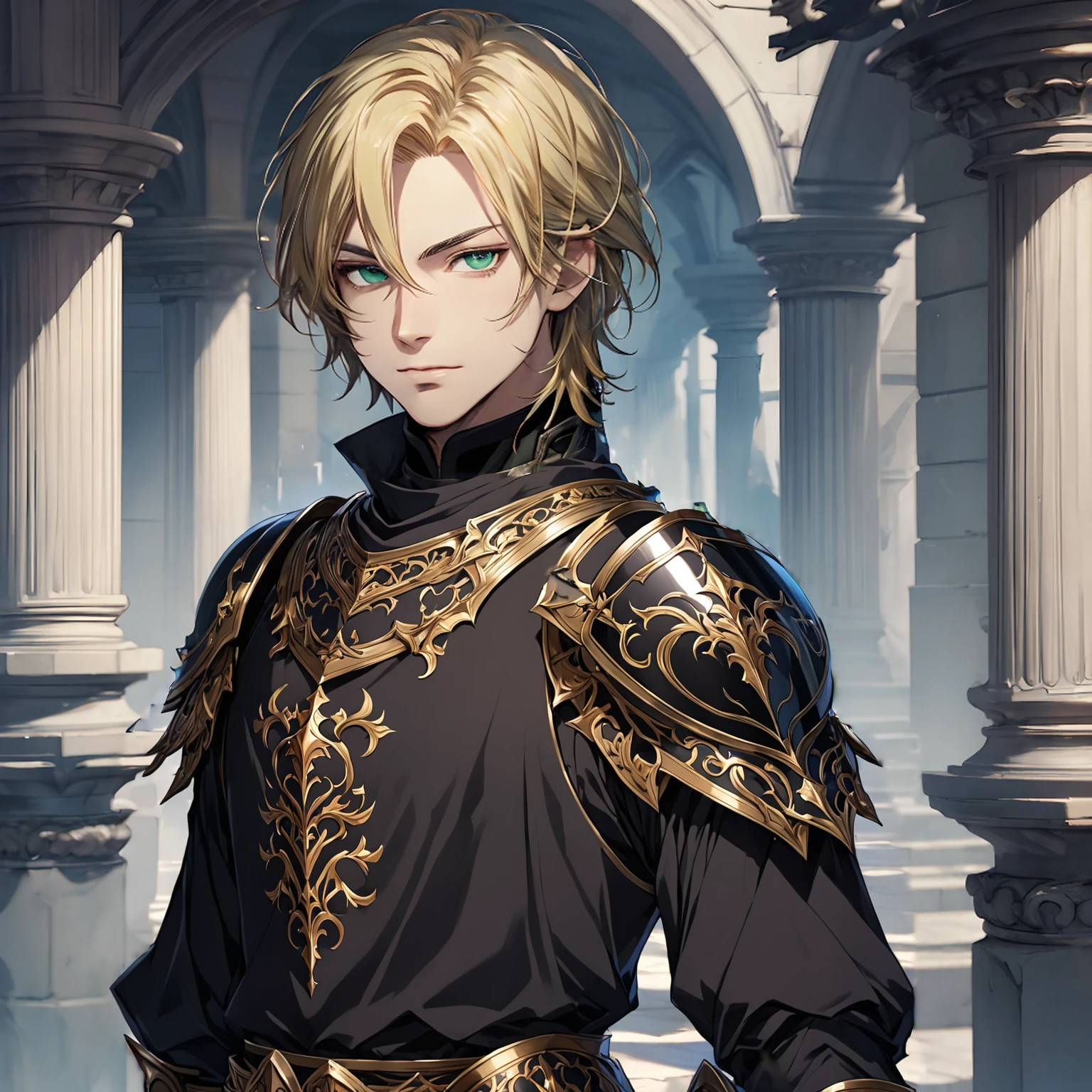 masterpiece, best quality, 1man, adult, male focus, solo, blonde hair, medium hair, vibrant black eyes, looking at viewer, closed mouth, Fantasy aesthetics, Highly detailed, shadowverse style, elite knight