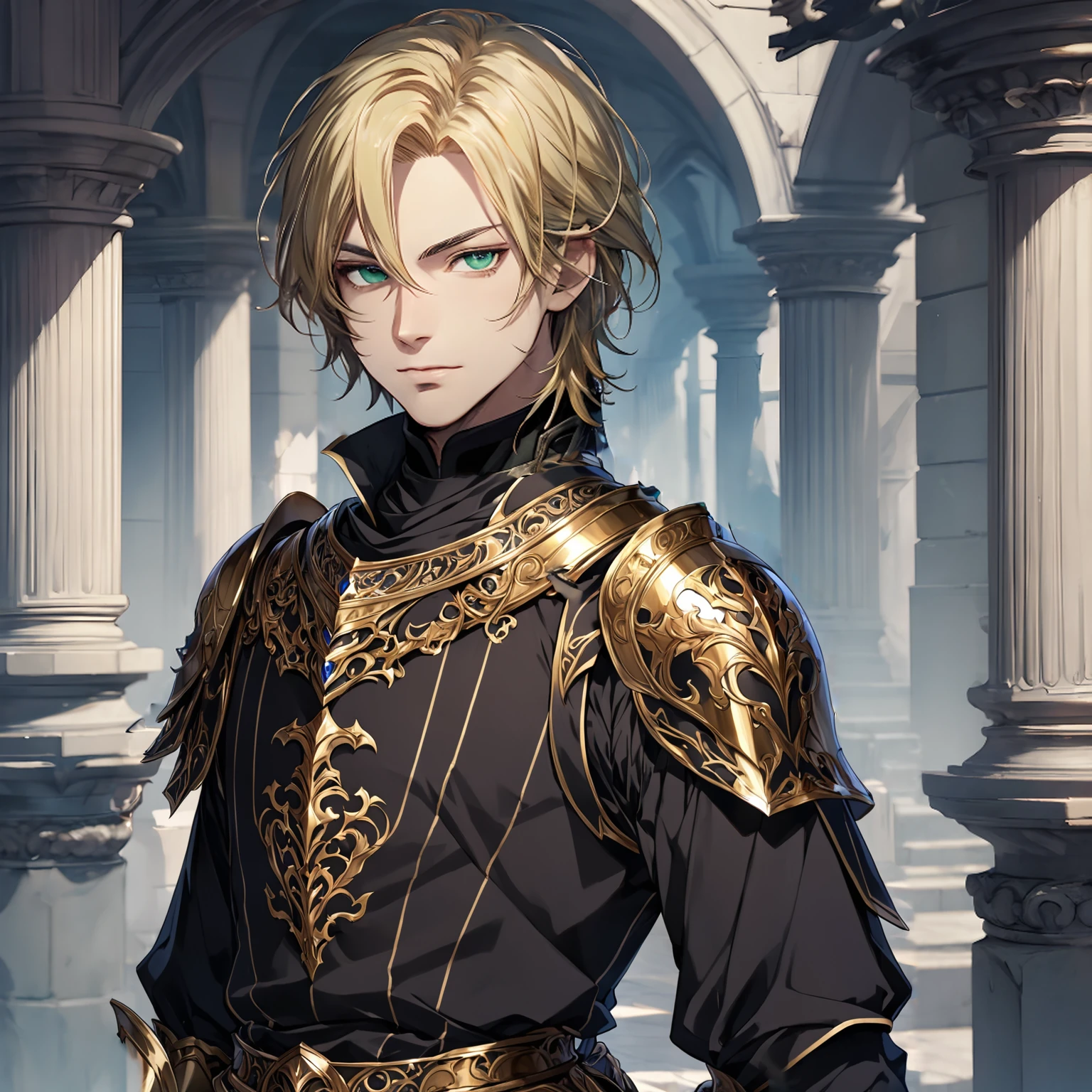 masterpiece, best quality, 1man, adult, male focus, solo, blonde hair, medium hair, vibrant black eyes, looking at viewer, closed mouth, Fantasy aesthetics, Highly detailed, shadowverse style, elite knight