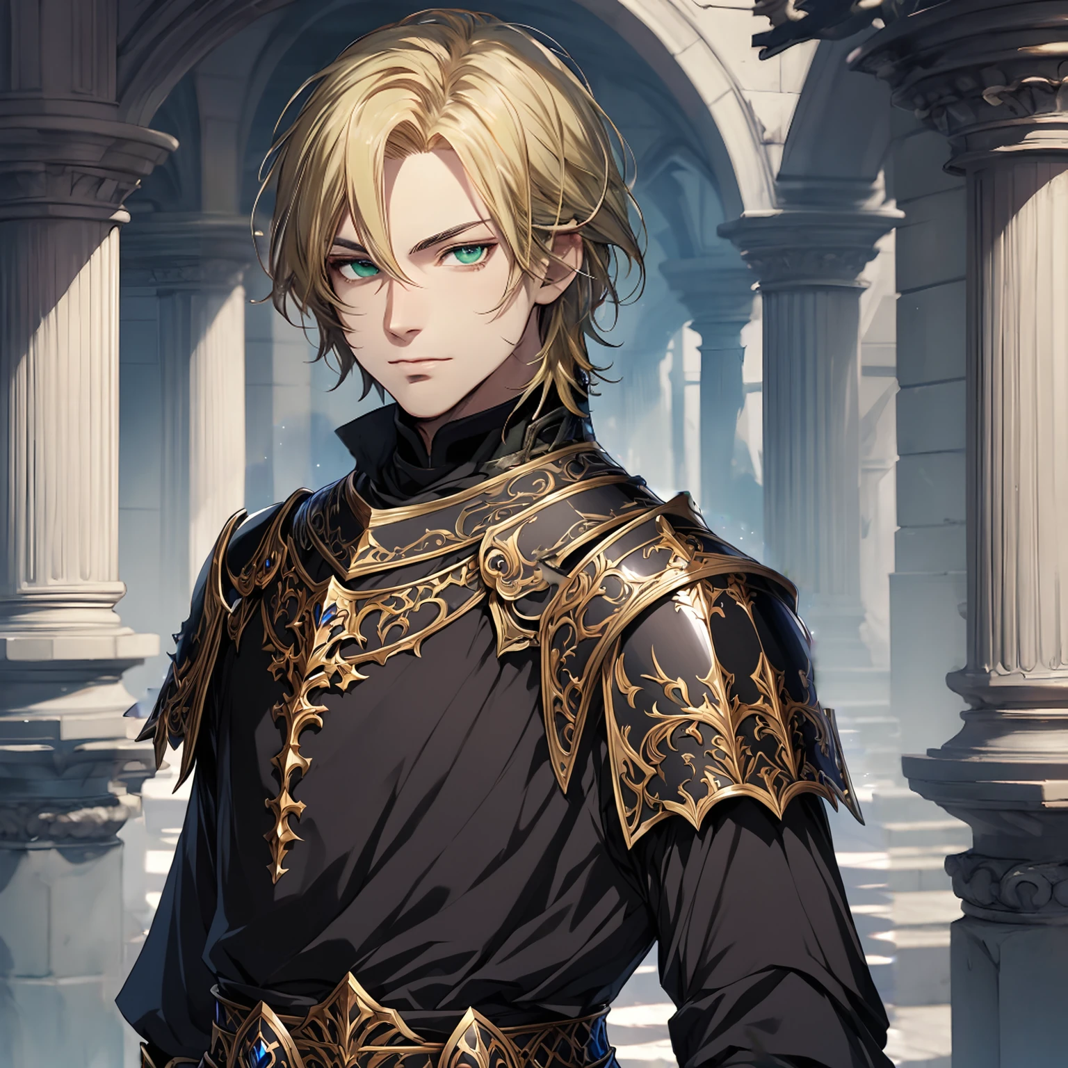 masterpiece, best quality, 1man, adult, male focus, solo, blonde hair, medium hair, vibrant black eyes, looking at viewer, closed mouth, Fantasy aesthetics, Highly detailed, shadowverse style, elite knight