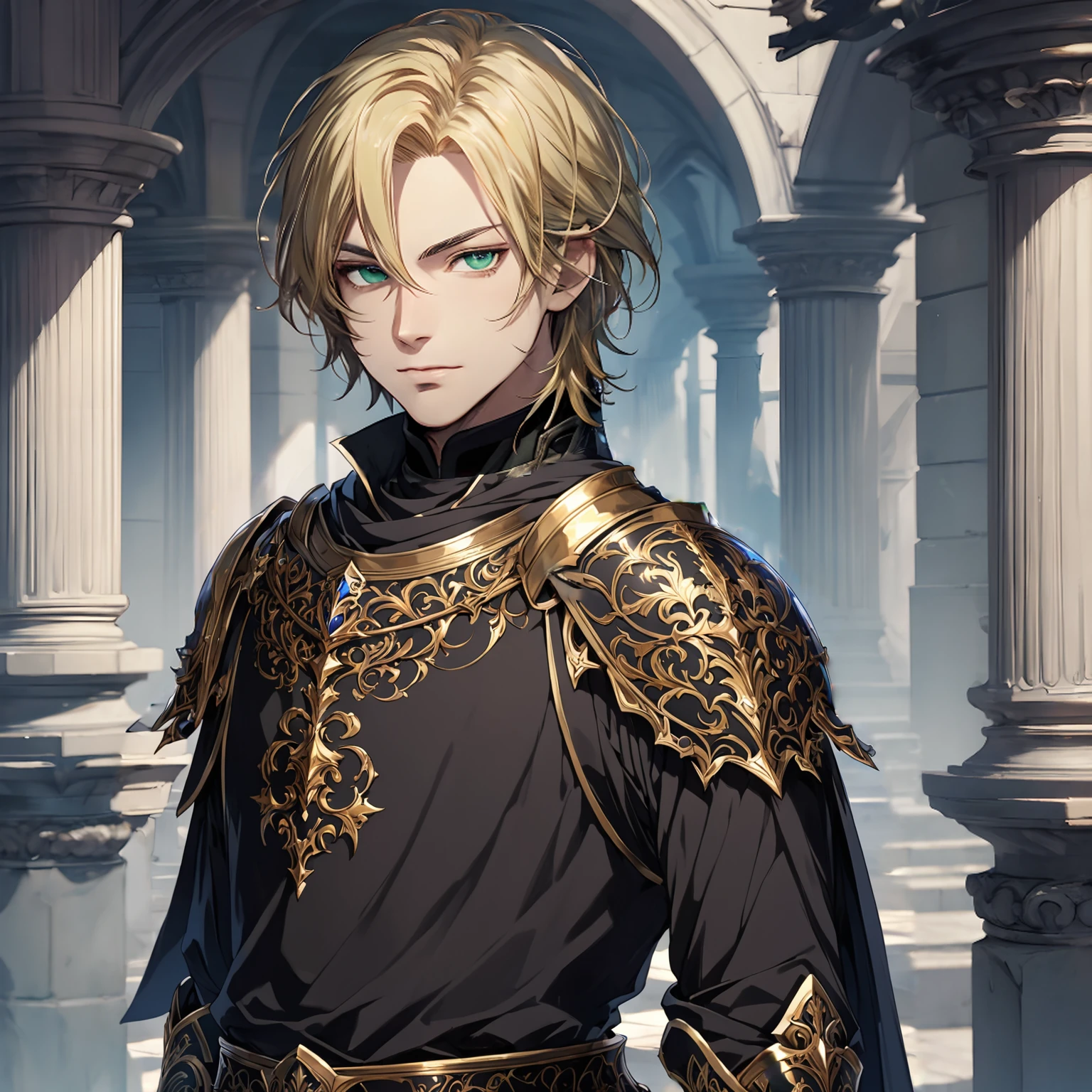 masterpiece, best quality, 1man, adult, male focus, solo, blonde hair, medium hair, vibrant black eyes, looking at viewer, closed mouth, Fantasy aesthetics, Highly detailed, shadowverse style, elite knight