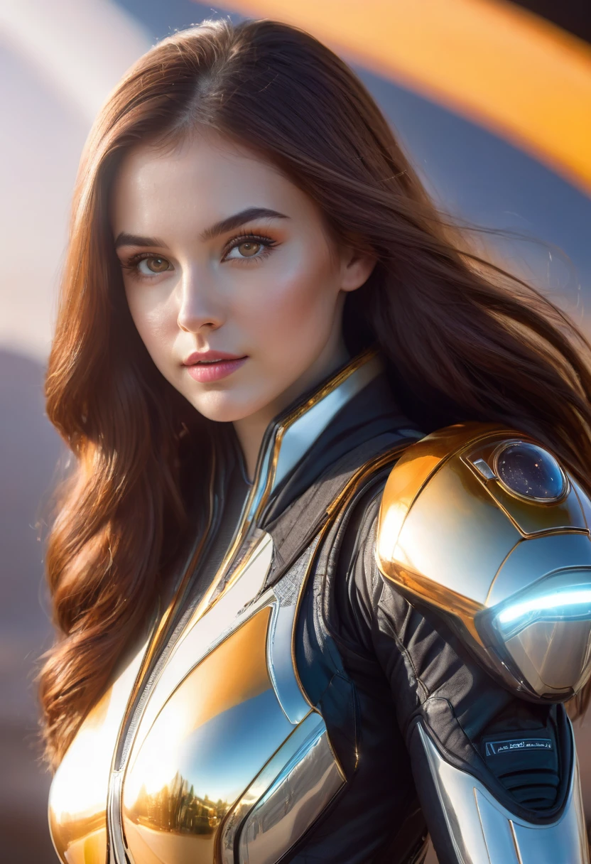 a beautiful 19 yo Arkansas woman with long brown hair, amber eyes, wearing a New Foundland military space battle suit next to gold and chrome futuristic Venusian spacecraft, intricate detailing, HDR, vibrant contrast, 32k resolution, luminism lighting techniques, ultra-realistic digital render, bokeh, mass effect, close up black, beauty, pure perfection, divine presence, unforgettable, impressive, breathtaking beauty, Volumetric light, auras, rays, 8k uhd, dslr, soft lighting, high quality, natural textures 8k masterpiece canon eos r4s 50