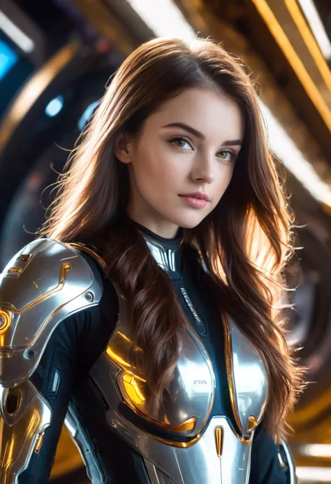 a beautiful 19 yo Arkansas woman with long brown hair, amber eyes, wearing a New Foundland military space battle suit next to go...