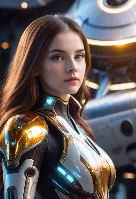 a beautiful 19 yo Arkansas woman with long brown hair, amber eyes, wearing a New Foundland military space battle suit next to go...