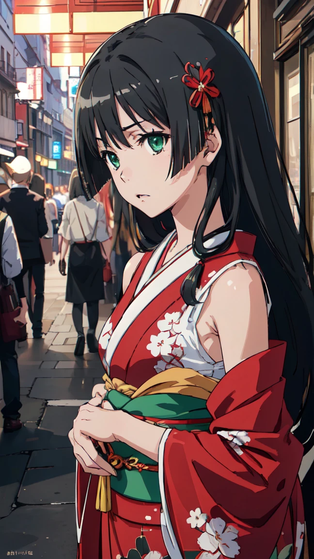  (High resolution:1.4), (masutepiece:1.2), (High quality:1.3) 1girl, saten ruiko, green eyes, long hair, black hair, small breast, Oiran fashion, The city of Kyoto, cinematic lighting,  pov, dynamic angle, 