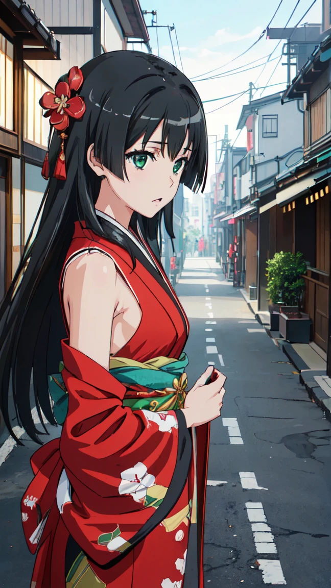  (High resolution:1.4), (masutepiece:1.2), (High quality:1.3) 1girl, saten ruiko, green eyes, long hair, black hair, small breast, Oiran fashion, The city of Kyoto, cinematic lighting,  pov, dynamic angle, 