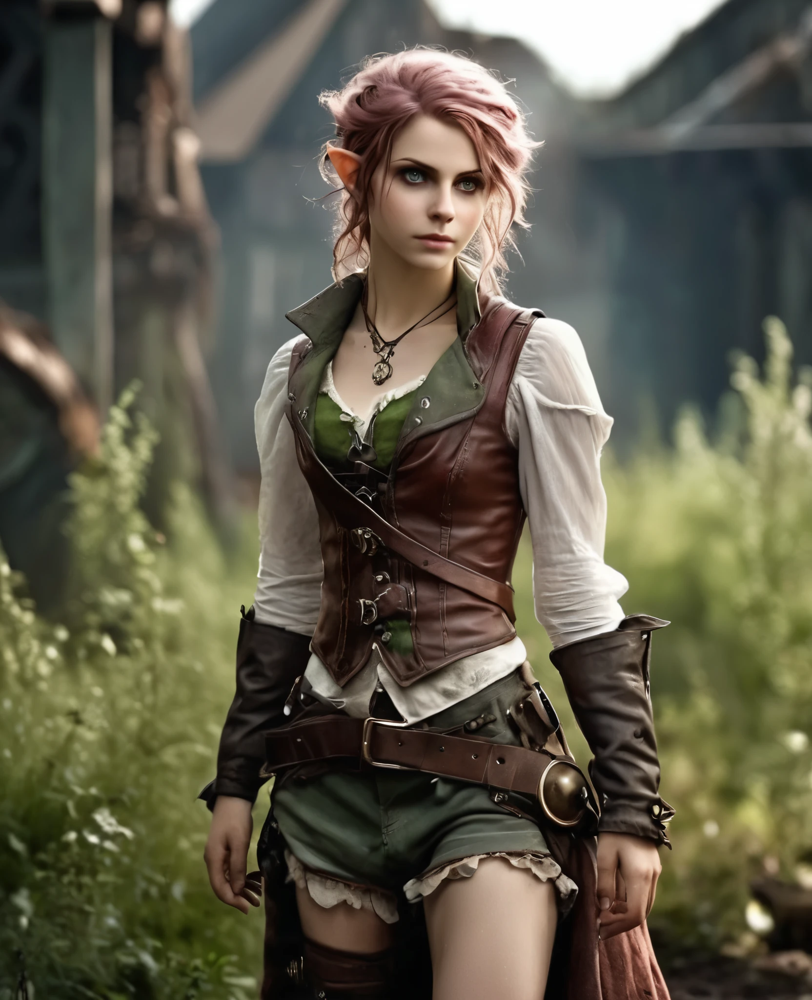 cute elf, (tiny elf  with extremely cute eyes)), (((elf))), ((((high resolution))), (((extremely detailed))), ((masterpiece)), looks like Aerith Gainsborough, dramatic shadows, depth of field, analog photo style, (world in which are collide steampunk and postapocalyptic vibes), postapocalyptic cute female in steampunk aesthetic, torn dirty clothes, depth of field, full body shot, unzoomed, (perfect body: 1.4), (sidecut short hairstyle), (stalking is quite common, although not the best way to make a living), stylized atmosphere of unreality, dark atmosphere, dynamic pose, in motion, Armageddon, increase cinematic lighting, highly lifelike skin texture, parted lips, weary eyes, fine eyes, whitened skin, random hair colour, doomsday aura