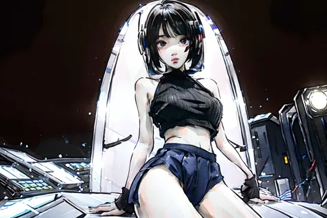 highest quality，girl，bare shoulders，cyber punk，highest quality，8k，sweater,　lower body panties