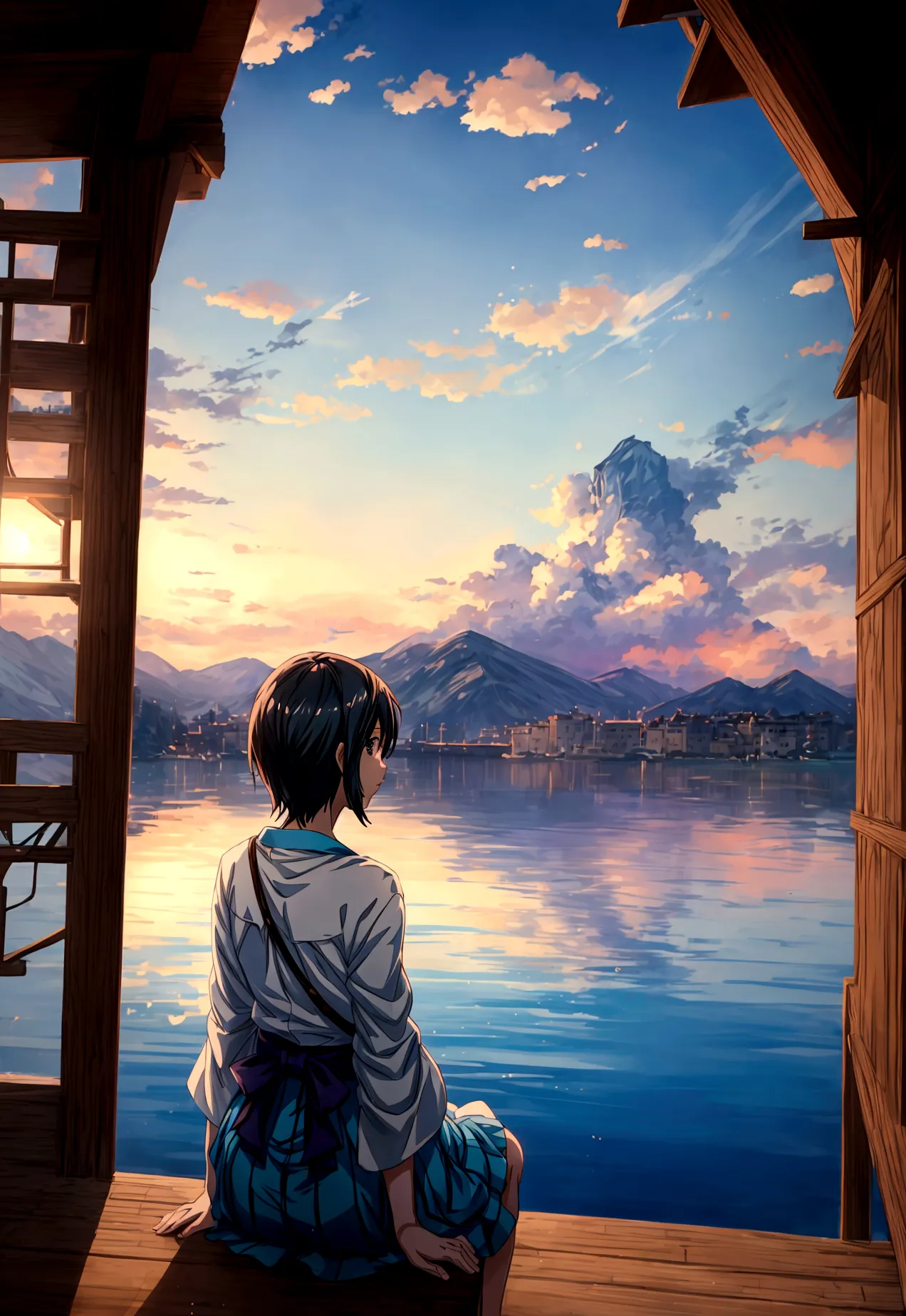 anime scenery with a bench overlooking the water and mountains, 日本のanime scenerys, beautiful japanese anime scenery, beautiful a...