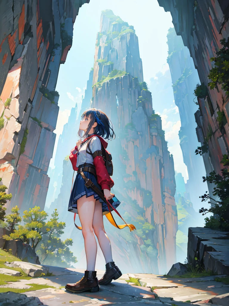 una joven aventurera, ella está parada frente a la torre, buscando, ángulo bajo, el fondo, Una enorme torre enclavada en un magnífico cañón., paisaje magnífico y fantástico, hermosa chica, vivid color