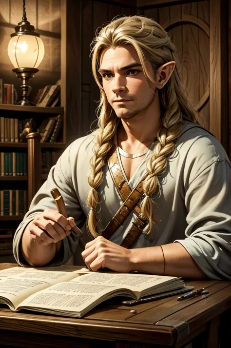 magical bracers, a large curved blade, hair braided, A sword is on the table in front of him, a 40-year-old Male Elf is sitting ...