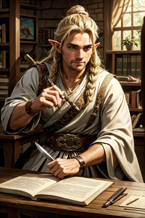 magical bracers, a large curved blade, hair braided, A sword is on the table in front of him, a 40-year-old Male Elf is sitting ...