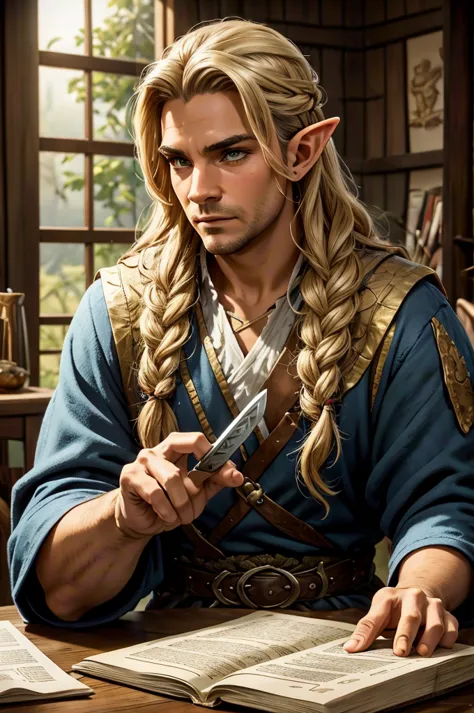 magical bracers, a large curved blade, hair braided, A sword is on the table in front of him, a 40-year-old Male Elf is sitting ...