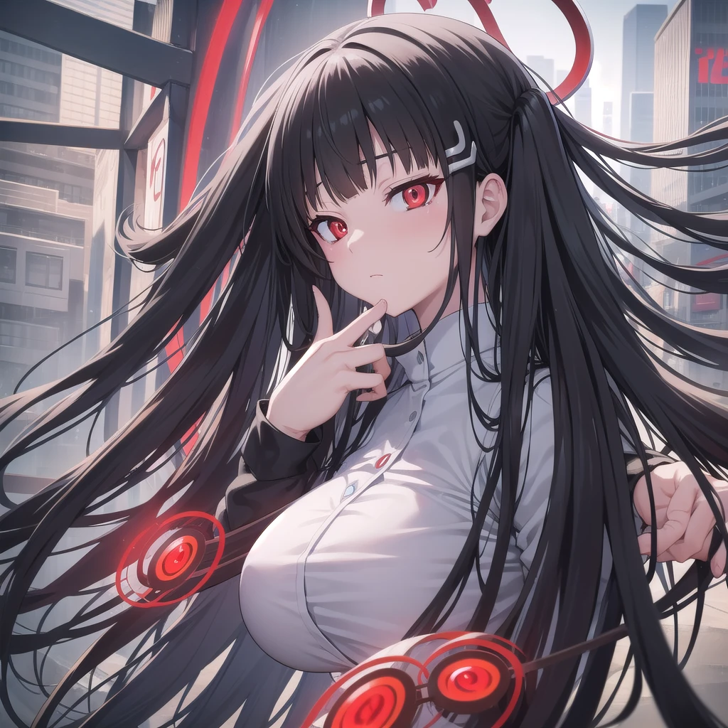 Rivertsukatsuki, River, black hair, (red eyes:1.5), hair ornament, hairclip, Halation, long hair,
、Extremely large breasts(7200)、ハイレグモノキニビキニ