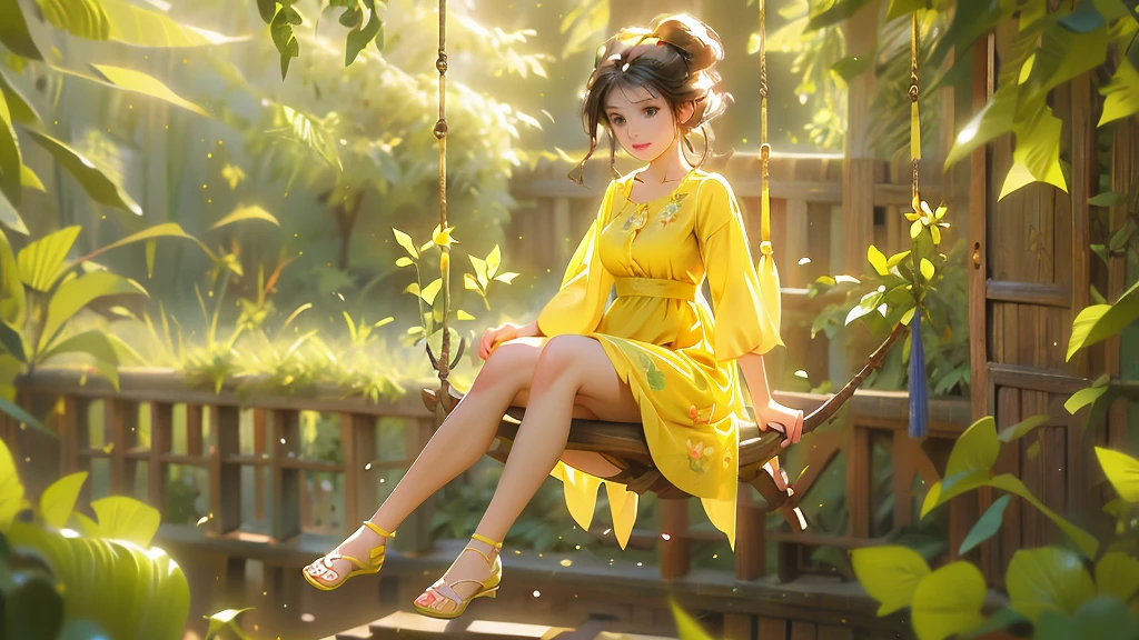 Full body picture of a beautiful 25 year-old girl playing on a swing hanging in a  forest tree, wearing flowery short yellow colour swirly frock, attractive feminine form, beautiful thighs, morning light, Disney Pixar