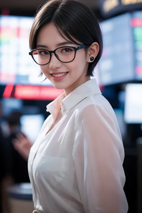 a girl with short hair, wearing transparent glasses, smiling and raising her hand, in a stock market setting, half-body shot, sm...