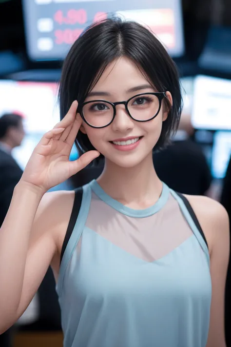 a girl with short hair, wearing transparent glasses, smiling and raising her hand, in a stock market setting, half-body shot, sm...