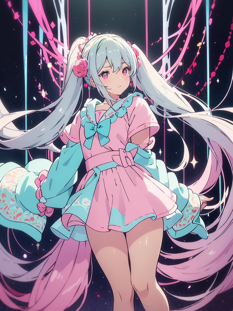 long light blue fur，deep red pink eyes，Hair up with two pink scrunchies.，Short double ponytail，Qi bangs，There are two long hair curtains on both sides.，Wearing a white sailor uniform.，Short skirt，Raise your bangs with hairpins，The sleeves are long，Fresh environment，warm color palette，The eyes have God.，to emphasize，Masterpiece，rubor rubor cuerpo completo Short skirt tableada medias largas blancas 