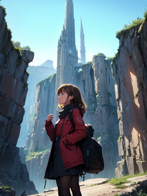 a young female  adventurer, she is standing in front of the tower, looking up, low angle, the background, A huge tower nestled i...