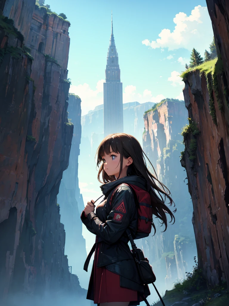 a young female  adventurer, she is standing in front of the tower, looking up, low angle, the background, A huge tower nestled in a magnificent canyon, magnificent and fantastic scenery, beautiful girl, vivid color