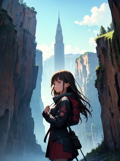 a young female  adventurer, she is standing in front of the tower, looking up, low angle, the background, A huge tower nestled i...