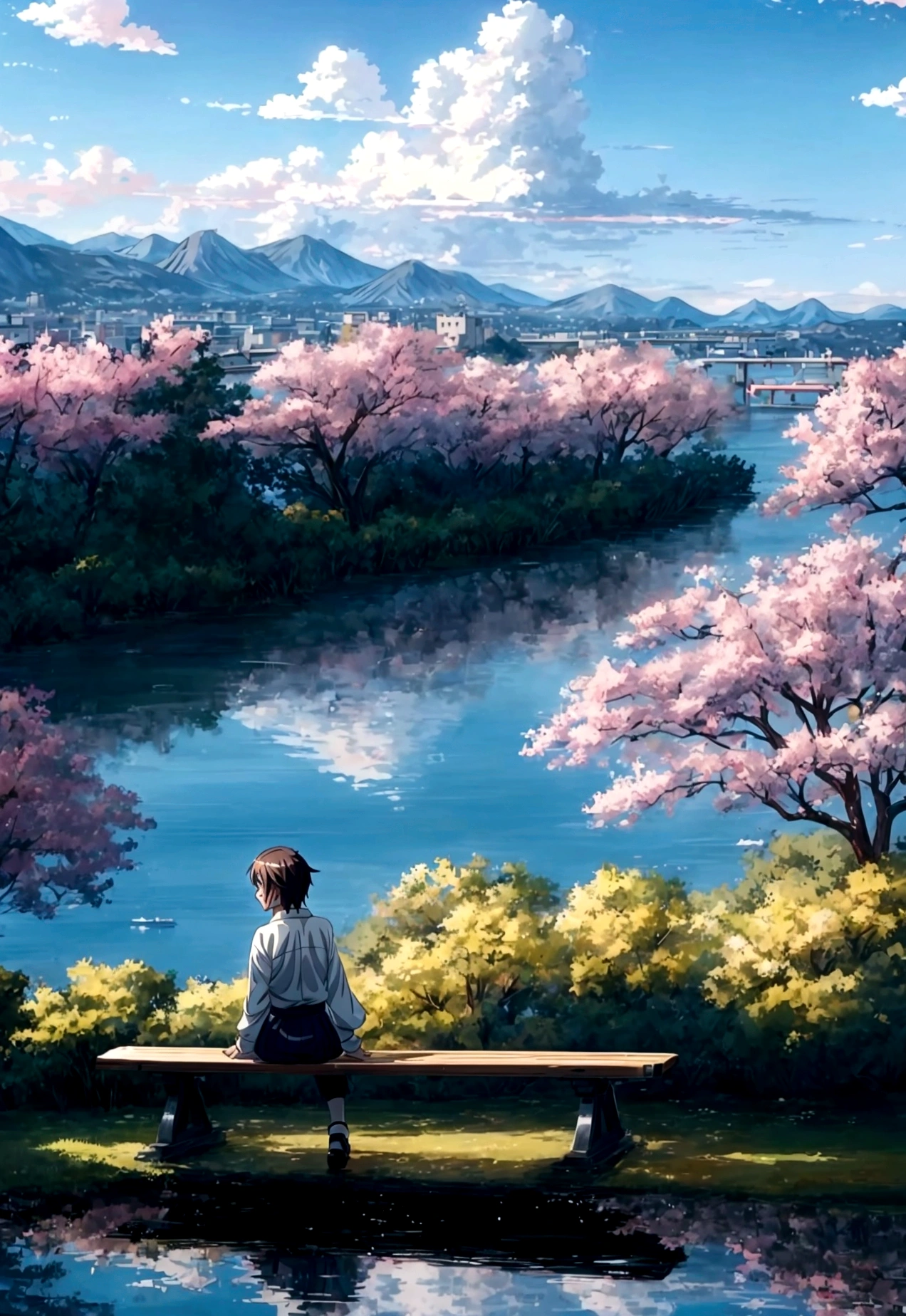 Anime scenery with a bench overlooking the water and mountains, 日本のAnime scenerys, Beautiful Japanese anime scenery, Beautiful anime scene, makoto shinkai's style, Anime Background, Anime scenery, Beautiful peaceful scene in anime, makoto shinkai. —h 2160, In the style of Makoto Shinkai, Anime Background Art, ( ( makoto shinkai ) )