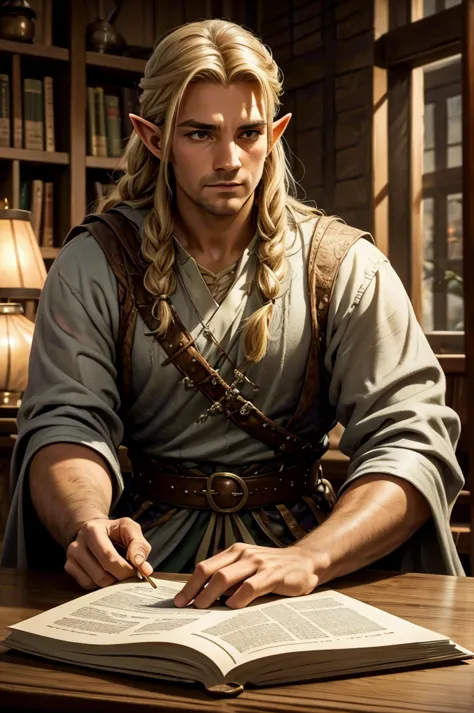 magical bracers, a large curved blade, hair braided, a sword is on the table in front of him, a 40-year-old male elf is sitting ...