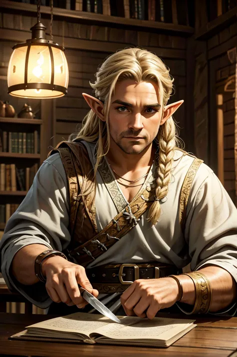 magical bracers, a large curved blade, hair braided, a sword is on the table in front of him, a 40-year-old male elf is sitting ...