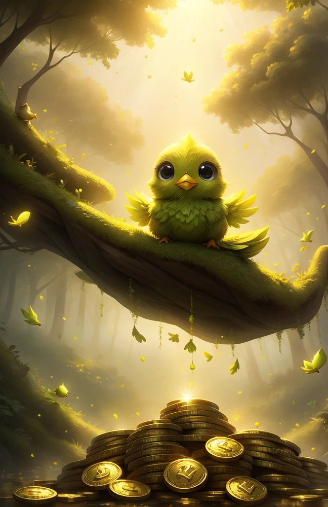 (((Green Chick))) Cute sky creatures, Cute big eyes, Living in a deep green forest, Flying coins, Bitcoin,  Coin Rain, A lot of coins are falling, Coins pile up, Lots of coins, Sunlight,Magic in the air,Calm and peaceful atmosphere,Signs of fog in the distance,Great quality,Infinite photorealistic detail