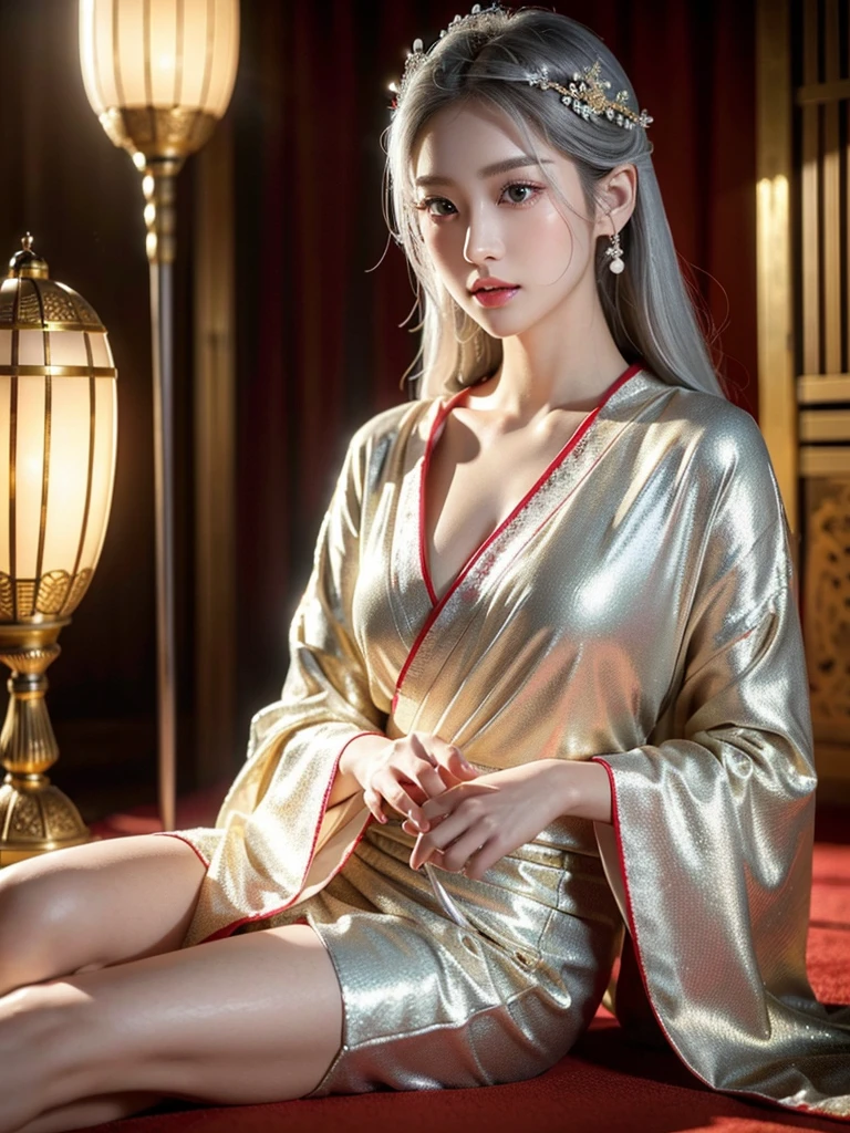 beautiful detailed eyes, beautiful detailed lips, extremely detailed eyes and face, long eyelashes, 1girl, silver hair, pale skin, flawless skin, red and white kimono, ornaments, Ancient temple, dramatic lighting, ethereal, elegant, Serene, vibrant colors, glowing skin, delicate features, intricate details, (best quality,8K,highres,masterpiece:1.2),ultra-detailed,(realistic,photorealistic,photo-realistic:1.37)、Korean national costume、Golden ornaments、ancient ruins、ancient creature