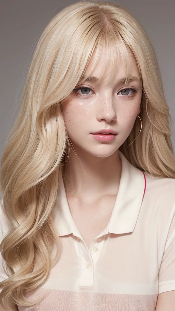 Light blonde hair, Wavy blonde hair, Wavy blonde hair, With small fringe, black eye, Upturned and beautiful nose, Thick lips, Cupid with heart shaped lips.., Pink Lips, pale, White skin, Nice and soft skin, I have freckles and moles, Beautiful eyebrows, Exceptionally beautiful collarbones, He is wearing a polo shirt, dark red, With women&#39;s underwear, slim and beautiful stomach, Bare neckline, (Large Breasts, Soft Breasts, Natural Breasts, Bare neckline), While holding a rose,  Looking at the camera, Auto Photo,