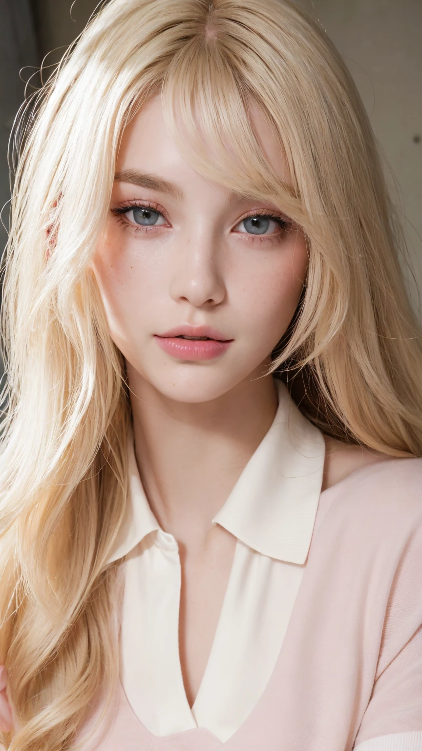 Light blonde hair, Wavy blonde hair, Wavy blonde hair, With small fringe, black eye, Upturned and beautiful nose, Thick lips, Cupid with heart shaped lips.., Pink Lips, pale, White skin, Nice and soft skin, I have freckles and moles, Beautiful eyebrows, Exceptionally beautiful collarbones, He is wearing a polo shirt, dark red, With women&#39;s underwear, slim and beautiful stomach, Bare neckline, (Large Breasts, Soft Breasts, Natural Breasts, Bare neckline), While holding a rose,  Looking at the camera, Auto Photo,