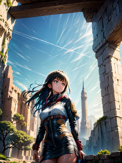 a young female  adventurer, she is standing in front of the tower, looking up, low angle, the background, A huge tower nestled i...