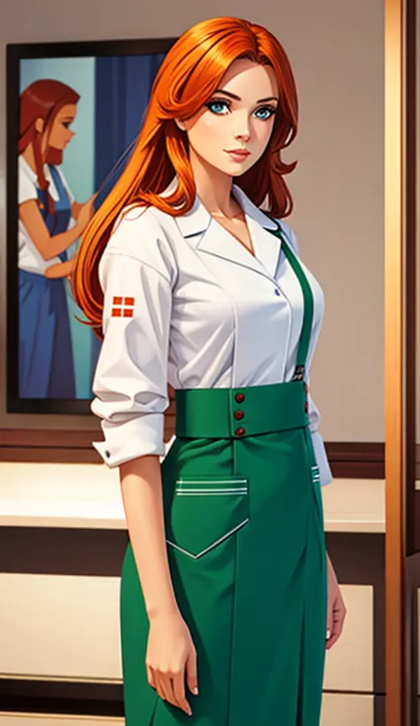 1girl, secretary, Best quality, masterpiece, cowboy shot, orange hair, green eyes, tight cloth, nurse clothes, hospital