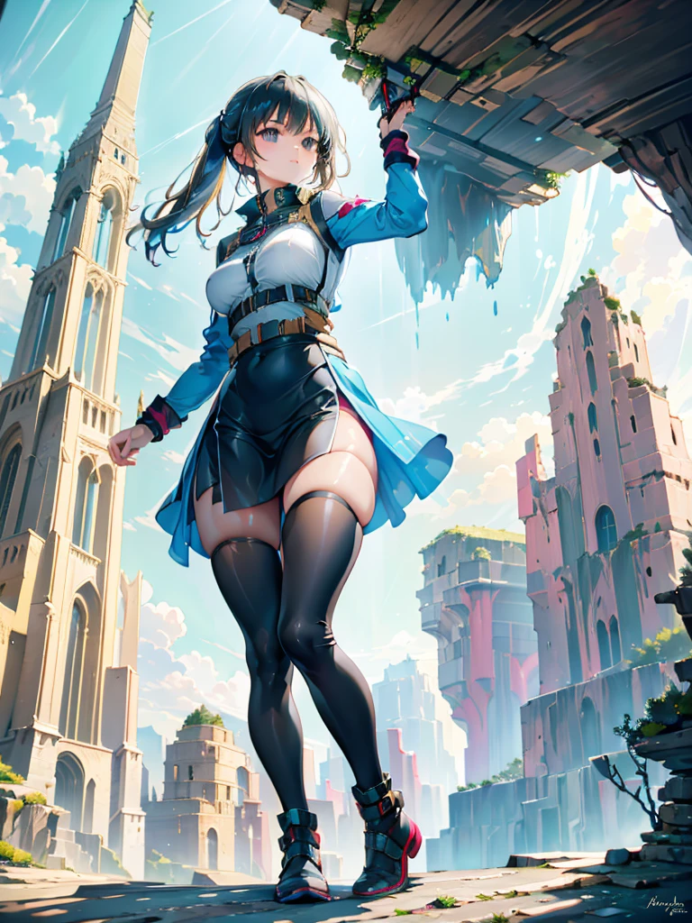 a young female  adventurer, she is standing in front of the tower, looking up, low angle, the background, A huge tower nestled in a magnificent canyon, magnificent and fantastic scenery, beautiful girl, vivid color