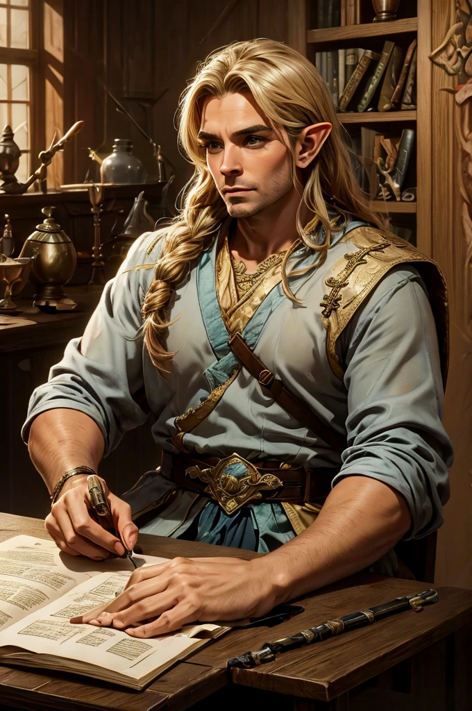 magical bracers, a large curved blade, hair braided, A sword is on the table in front of him, a 40-year-old Male Elf is sitting behind a table filled with papers and open books the background an office or a library with lots of papers and maps on the wall. He is wearing a Taoist cleric robe. There is a sword on the table.
