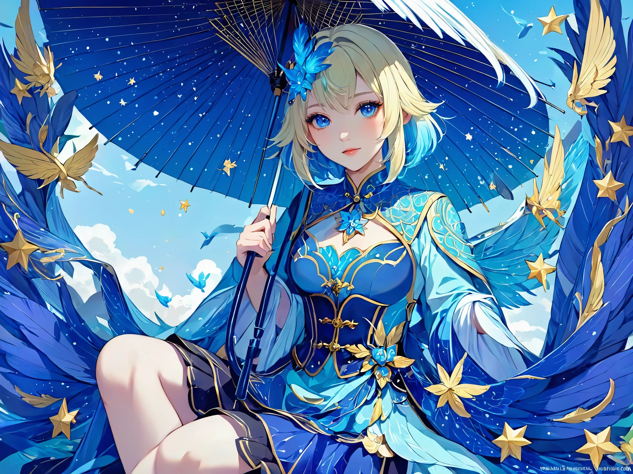 ((Very detailed), stars, null, blue sky, emissive, lights), ((Cinematic), Gradation, Crisp lighting), ((Ultra-detailed, Beautiful Face, 1 girl), one girl, Very detailed, whole body, cute, Beautiful eyes drawn in detail, short hair, blue hair, blonde hair, multicolored hair, blue eyes, ennui, Beautiful Hands, Fluttering Hair, Holding an umbrella, Beautiful legs, Sitting pose, Feather)) ,Anime girl with blue hair and a blue umbrella, Beautiful Celestial Magician, Fantasy art style, Anime fantasy illustration, Star Fairy, Detailed fan art, Inspired by Fuhua, Official artwork, nullの魔女, digital Anime illustration, Beautiful Fantasy Empress, Anime Goddess, Anime fantasy artwork, Anime illustration