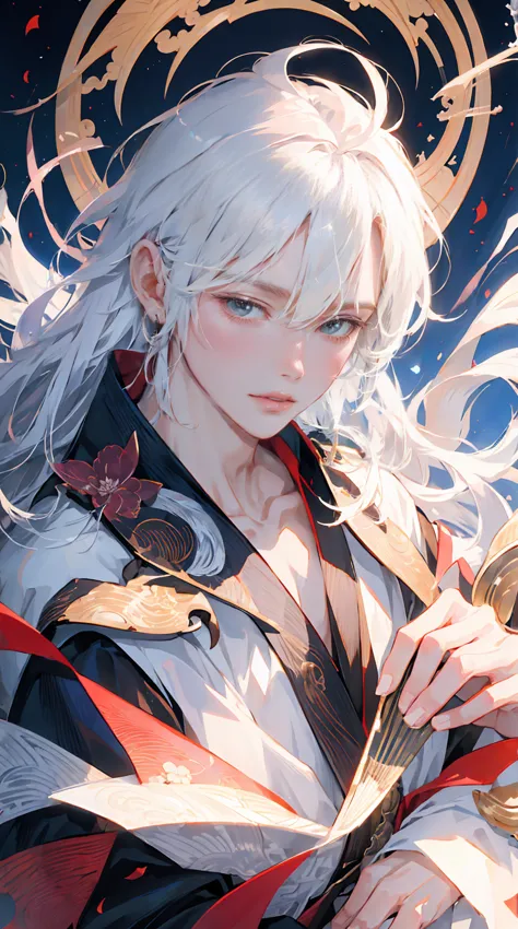 anime - style image of a man with white hair holding a fan, white haired deity, handsome japanese demon boy, handsome guy in dem...