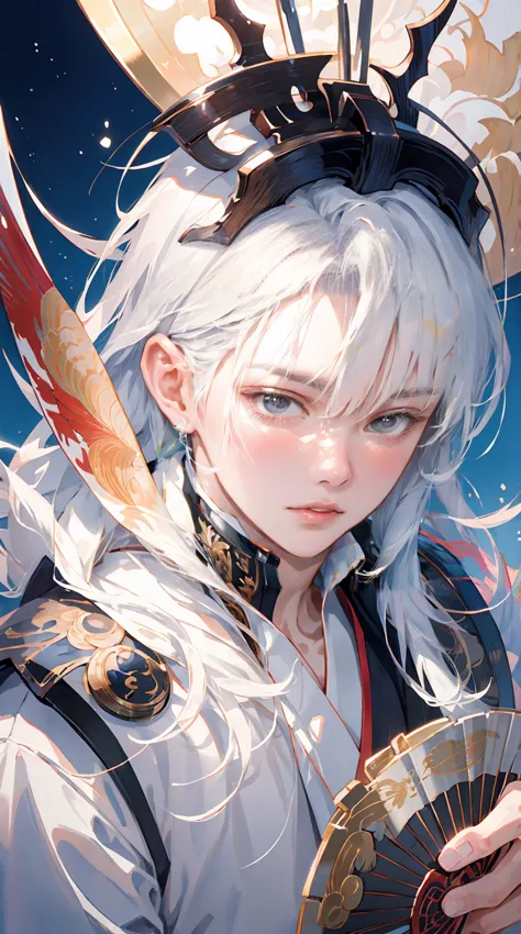 anime - style image of a man with white hair holding a fan, white haired deity, handsome japanese demon boy, handsome guy in dem...