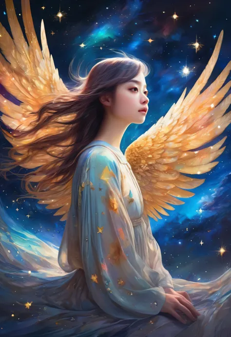 girl with wings on her back、angel wings、girl flying in space、a girl flying in the starry sky、beautiful face girl、farbe々なfarbeの星の...