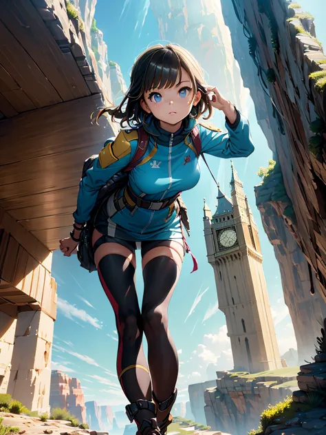 a young female  adventurer, she is standing in front of the tower, looking up, low angle, the background, A huge tower nestled i...