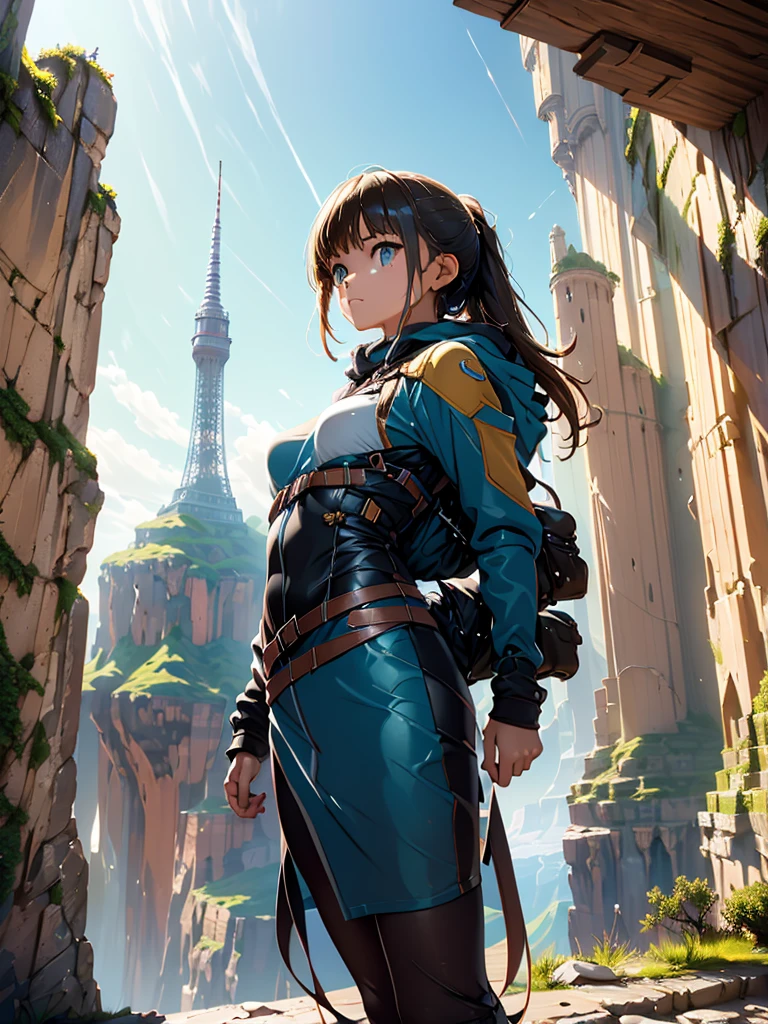 a young female  adventurer, she is standing in front of the tower, looking up, low angle, the background, A huge tower nestled in a magnificent canyon, magnificent and fantastic scenery, beautiful girl, vivid color