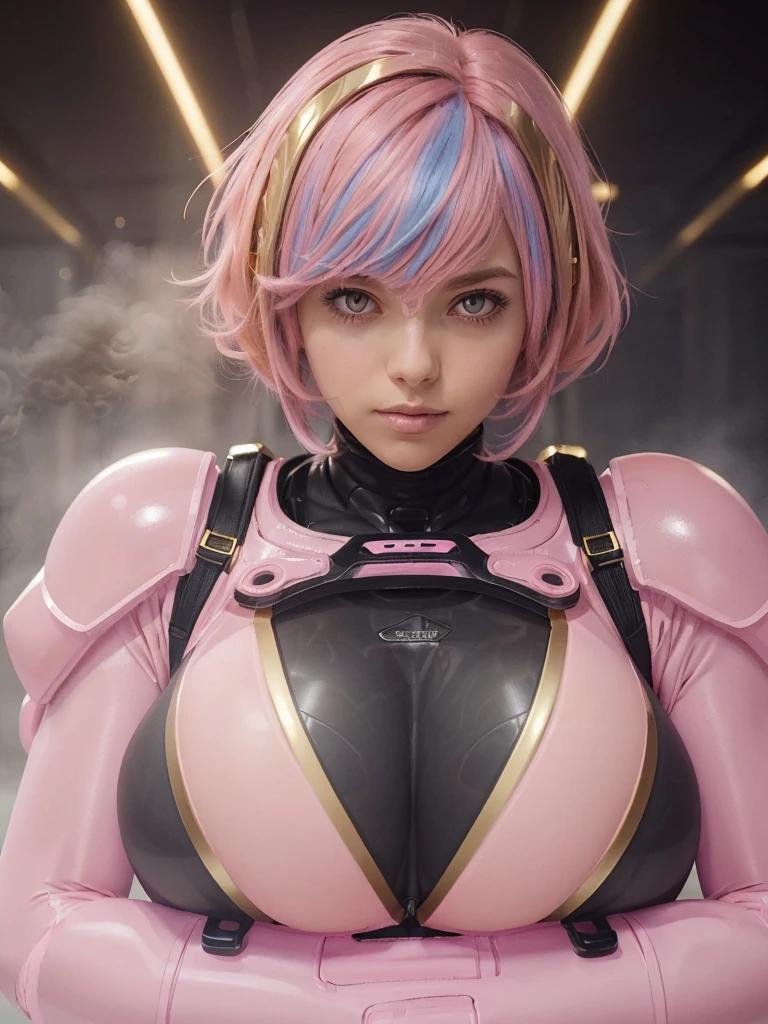 (bangs:1.3), (deep mist  :1.5), (mixed pink hair :1.4),(perfect skin girl:1.4),(beautiful hair1.3),(gigantic boobs:1.3) 
(pile carbon suits:1.3),(neatly groomed short hair :1.4),(gold  eyes:1.3)