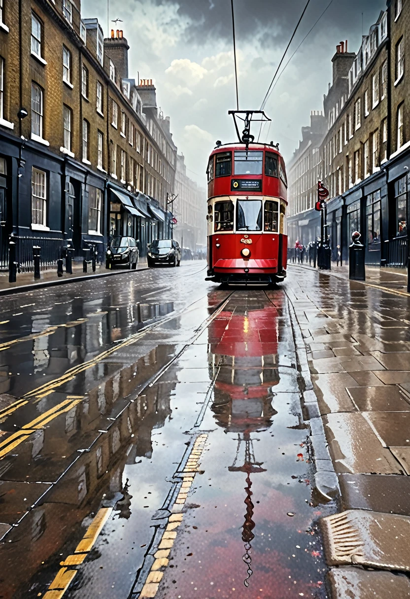 倫敦街上的紅色電車, 老倫敦, 復古照片, 十九世紀, 傑作, 高解析度, 非常詳細, 多雲的, 潮濕, 潮濕的石頭路面, 高清畫質