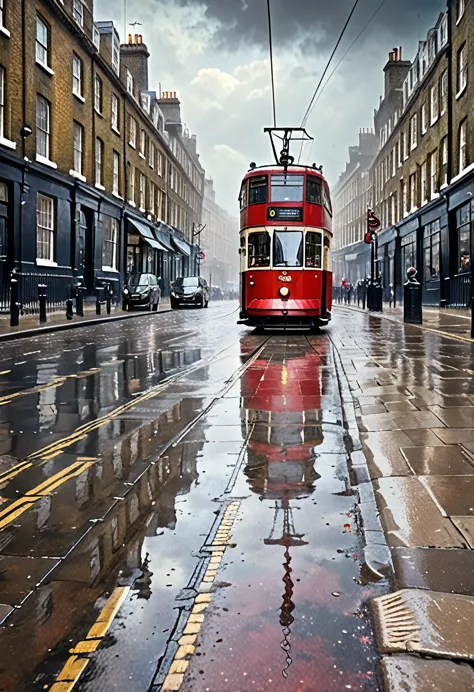 Red tram on London streets, old London, retro photo, nineteenth century, masterpiece, high resolution, very detailed, Cloudy, da...