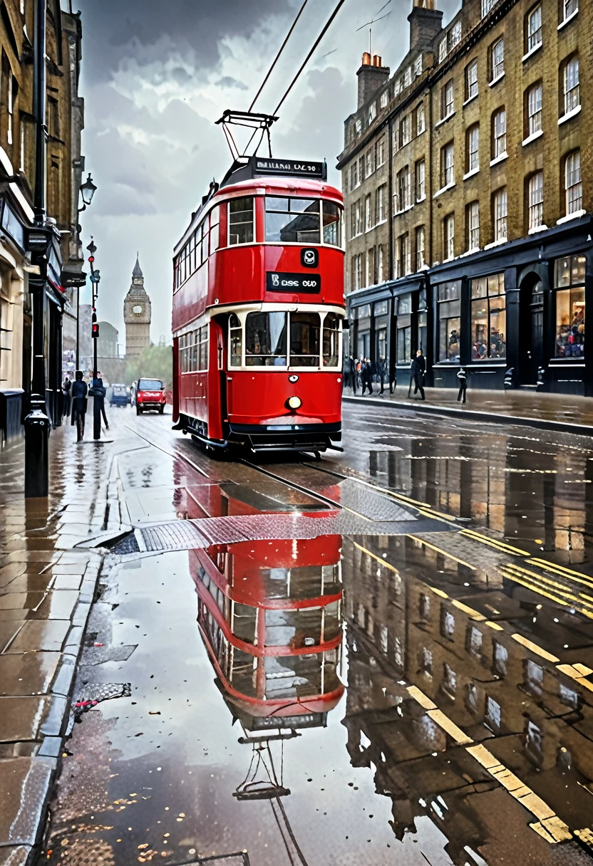 Tramway rouge dans les rues de Londres, Vieux Londres, photo rétro, XIXe siècle, chef-d&#39;œuvre, Haute résolution, Très détaillé, nuageux, humide, trottoirs en pierre mouillés, Qualité HD