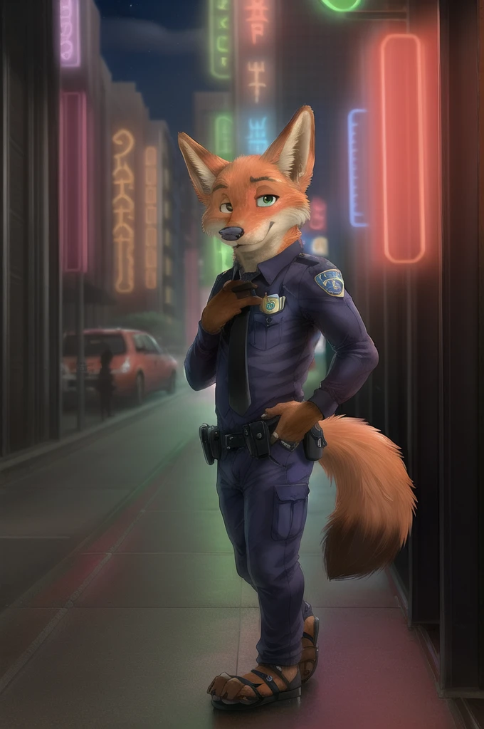 (energetic, by honovy, от zenthetiger, from Sausch), Nick Wilde, male, Fox, One, tie, safe, dressed, green eyes, Police uniform,open toe heel sandals, standing, city, Street, Tokyo, Akihabara, neon lights, night, tail