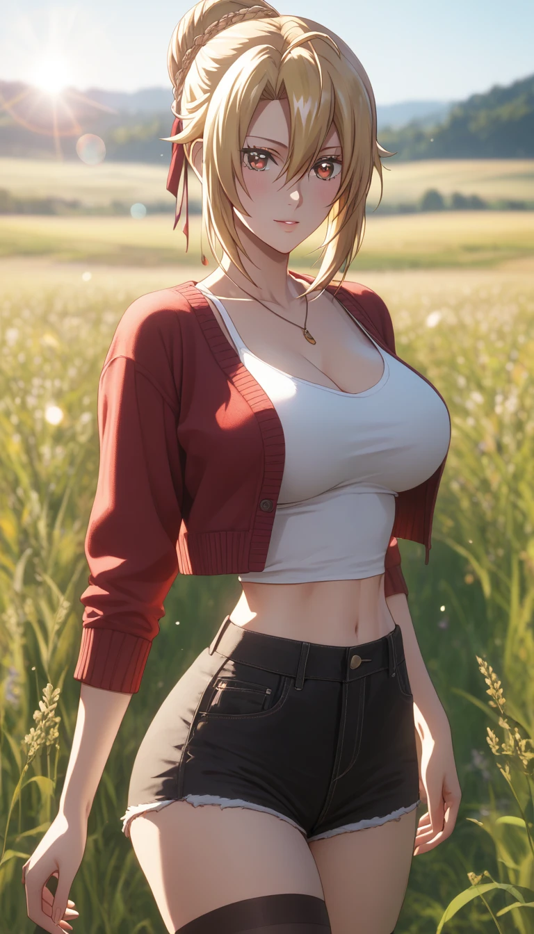 score_9, score_8_up, score_7_up, score_6_up, uncensored, angelica, blonde hair, braid, hair bun, red eyes, BREAK (masterpiece:1.2), best quality, high resolution, (beautiful detailed eyes:1.3), perfect lighting, (perfect hands, perfect anatomy), large breasts, casual, white tanktop, crop top, hotpants, red cardigan, black legwear, dynamic pose, cowboy shot, field, anime coloring, vivid colors, horizon, lens flare, 