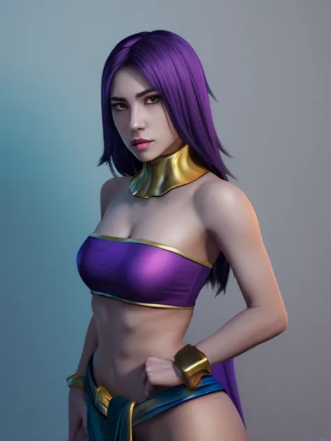 League of Legends character, Sorceress, 25 years old, dark skin, dark skinned female, long purple hair, purple eyes, purple lips...