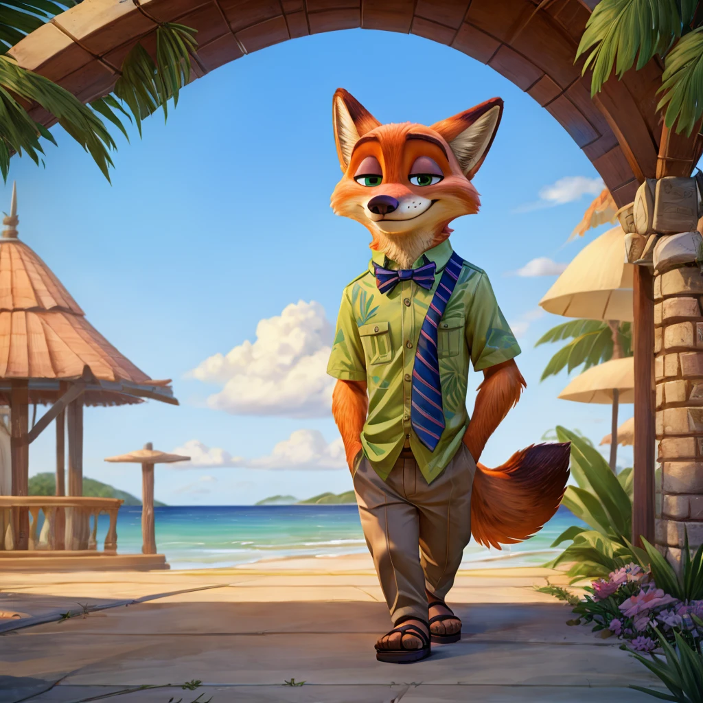 Nick Wilde derrite a Hawai,chaqueta negra, camisa verde con pajarita, y pantalones color caqui, sandalias de tacón marrones, arte digital, ((cara perfecta)), ((mejor calidad)), ((obra maestra))